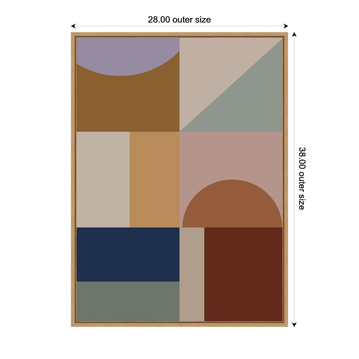 Framed canvas print featuring a geometric abstract pattern with muted purple, brown, beige, blue, and green shapes, including semicircles and rectangles.