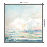 Framed square canvas painting featuring a soft, pastel-colored abstract landscape with light blue, pink, and green tones blending into a cloudy sky and horizon.
