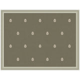 Rectangular pinboard with olive green fabric featuring evenly spaced small beige botanical block print patterns, framed in simple light beige wood.