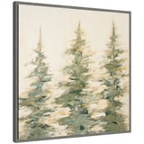 Abstract canvas painting depicting three evergreen trees in muted green and beige tones with soft, blended brushstrokes, framed in dark gray.