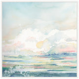 Soft watercolor landscape with pastel clouds and subtle reflections in water, blending light blues, greens, pinks, and yellows in an ethereal atmosphere.