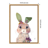 Watercolor-style print of a bunny with large black eyes, blush cheeks, green ears adorned with small purple and yellow flowers, in a natural wood frame.