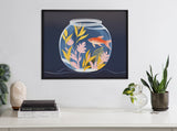 Framed illustration of a round fishbowl with a single orange goldfish and pink and yellow aquatic plants on a dark blue background, hanging above a white shelf with plants and books.