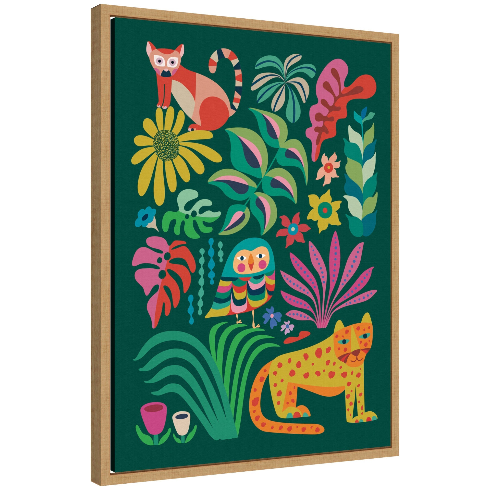 Framed canvas wall art depicting colorful jungle animals by Rachel Lee in a Sylvie designer frame