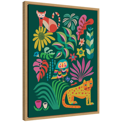 Framed canvas wall art depicting colorful jungle animals by Rachel Lee in a Sylvie designer frame