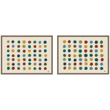 Two framed canvas prints each featuring six rows of seven colorful, irregularly shaped dots in earthy tones on a cream background, arranged in a grid pattern.