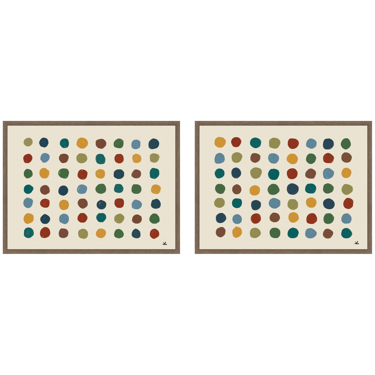 Two framed canvas prints each featuring six rows of seven colorful, irregularly shaped dots in earthy tones on a cream background, arranged in a grid pattern.