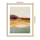 Abstract landscape painting with layered hills in muted tones of burgundy, mustard, olive, peach, and teal, framed in light wood with white matting.