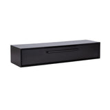 Rectangular black floating console table with a single front drawer featuring a minimalistic black horizontal handle, shown against a white background.