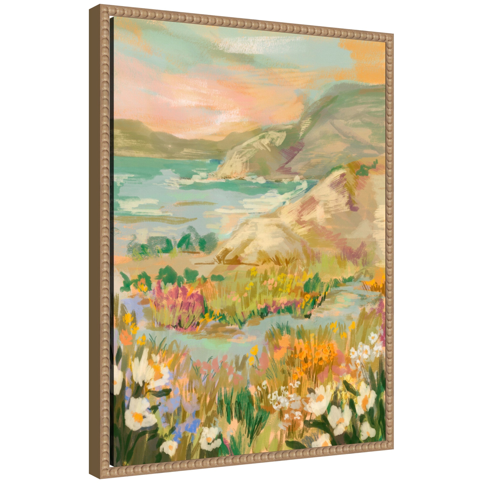 Sylvie Landscape 4 framed canvas art by Annie Quigley with a vintage beaded frame shown in natural tones