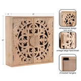 Square beige wooden wall cabinet with hand-carved symmetrical floral pattern and Z-bracket hangers, measuring 20x20 inches with 6-inch depth.