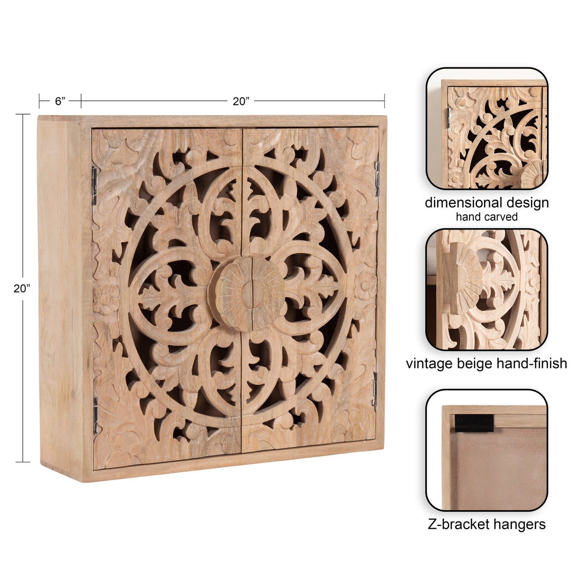 Square beige wooden wall cabinet with hand-carved symmetrical floral pattern and Z-bracket hangers, measuring 20x20 inches with 6-inch depth.