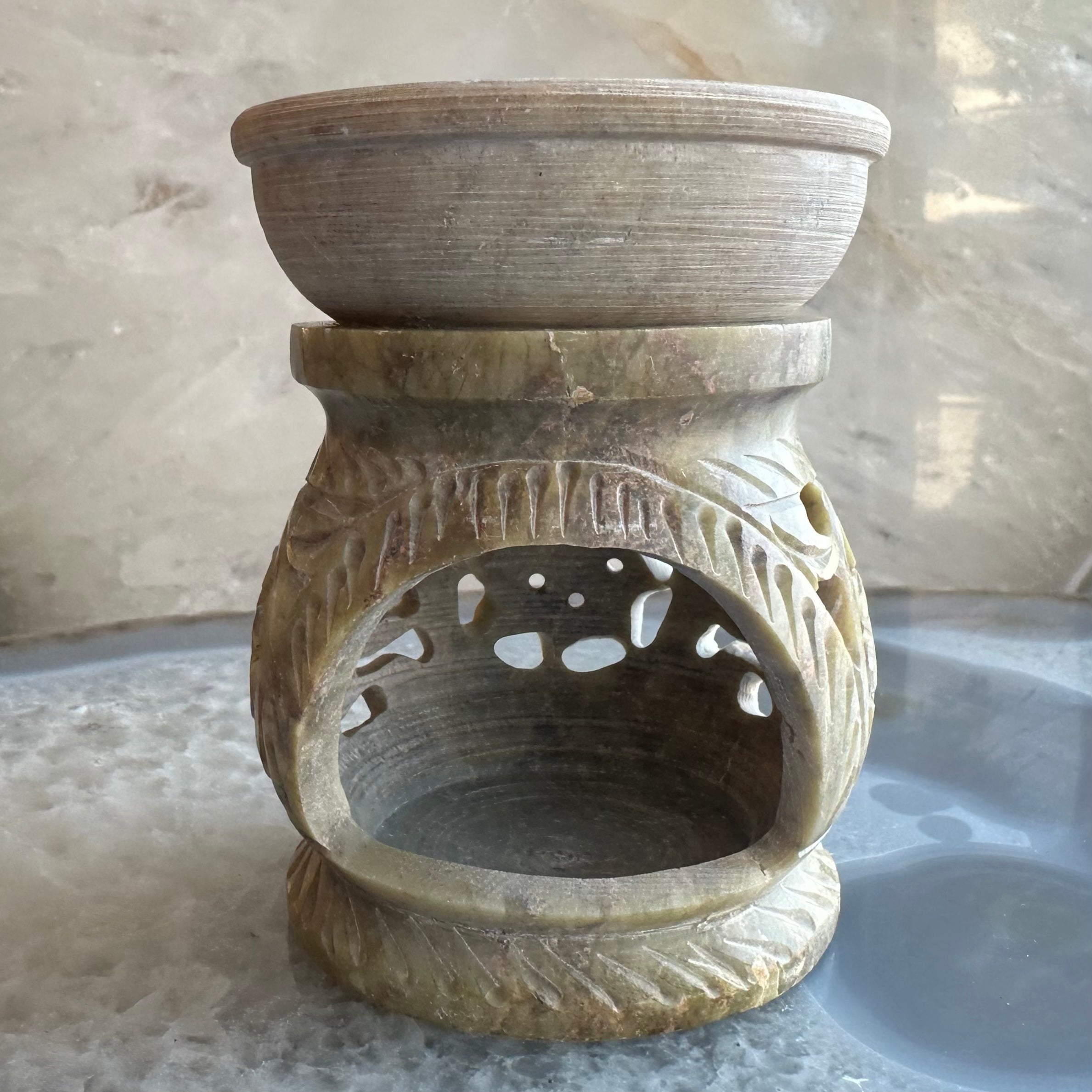 Carved Soapstone Essential Oil Burner 3 inch style variant, hand carved soapstone with tealight candle holder