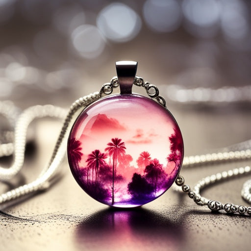 Necklace with a pendant featuring a pink and purple landscape with palm trees.