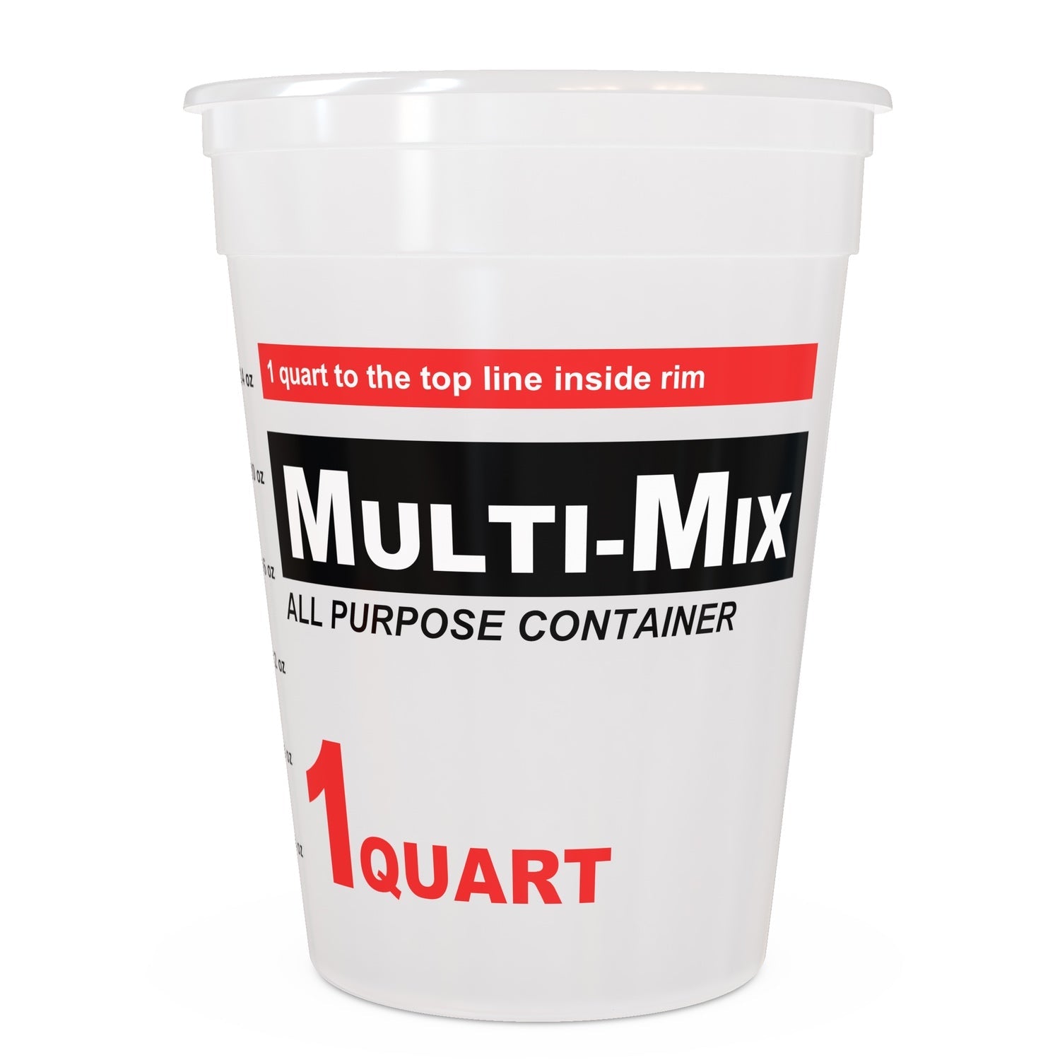 One-quart translucent plastic container with measurement markings for epoxy mixing