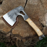 Hand-forged camping chopping axe with ash wood handle and leather sheath