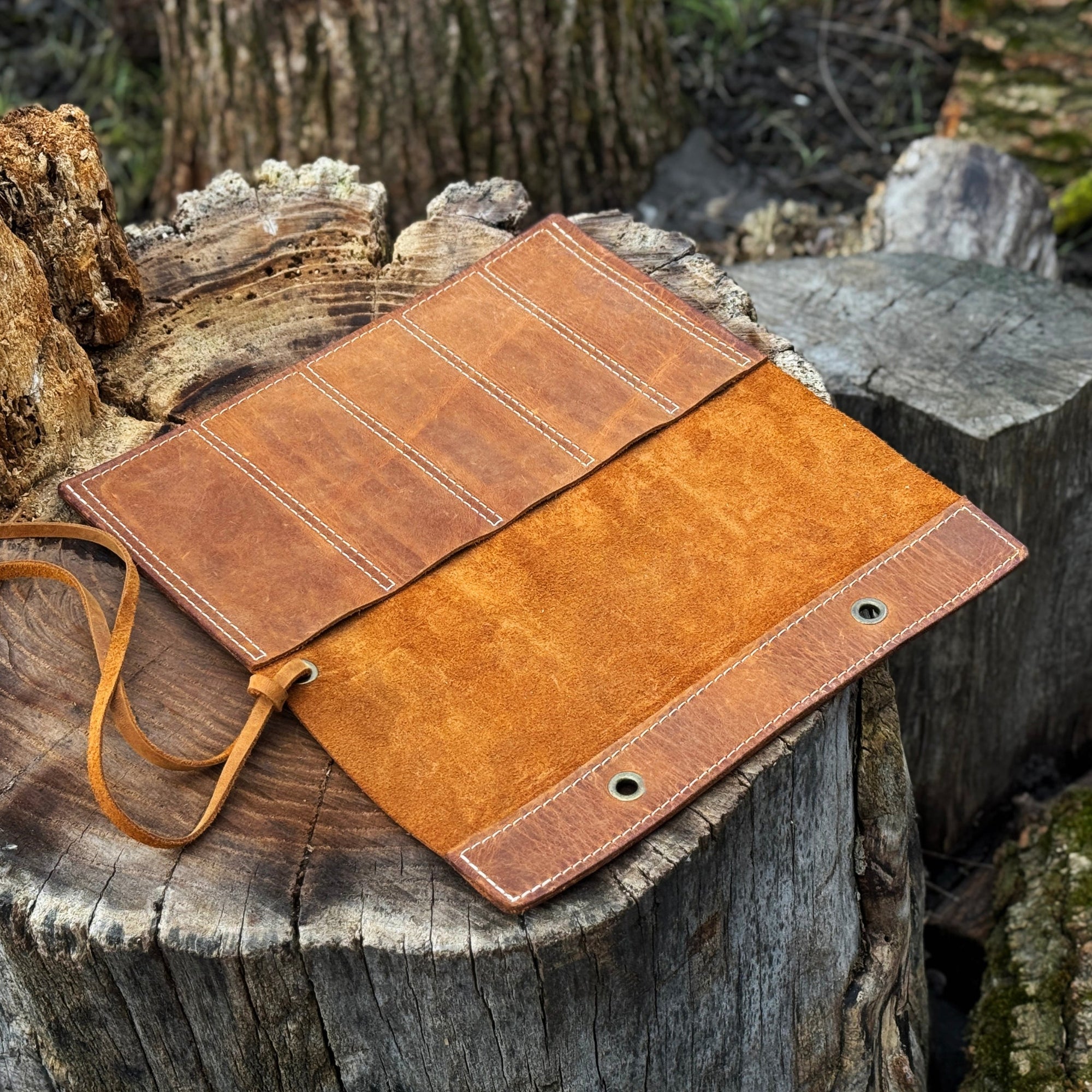 Handmade 5 Pocket Leather Chisel Roll made from genuine Crazy Horse leather by Sharky Forged Steel Tools