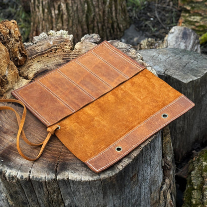 Handmade 5 Pocket Leather Chisel Roll made from genuine Crazy Horse leather by Sharky Forged Steel Tools