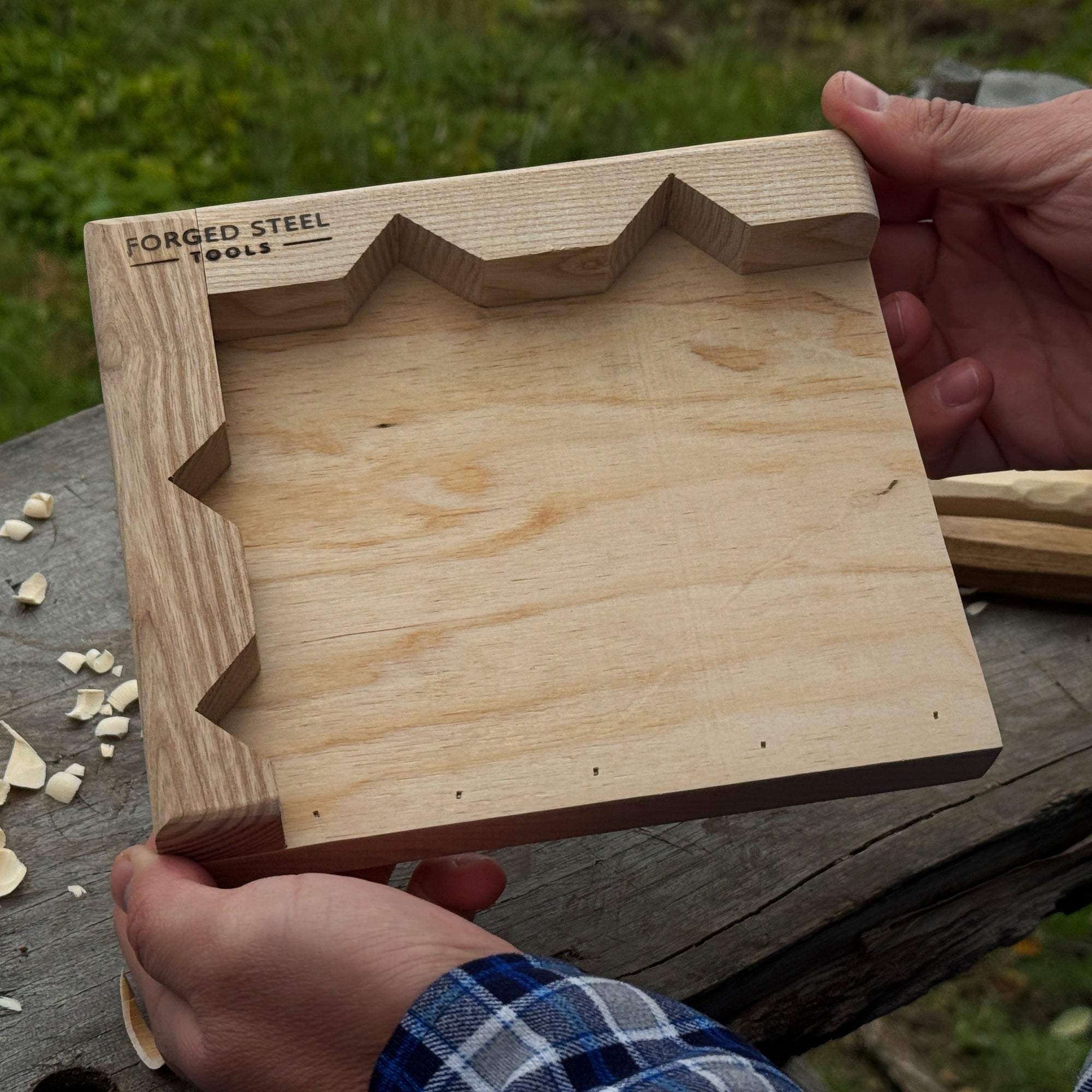 Handcrafted wooden bench hook for wood carving and chiseling by Sharky Forged Steel Tools