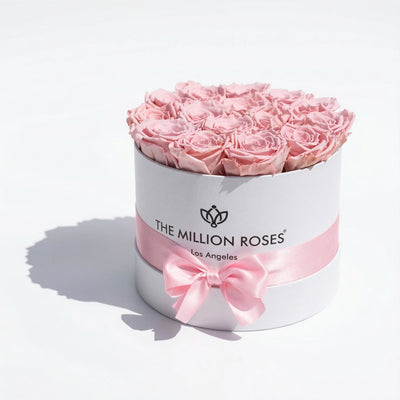 Classic White Box of light pink roses arranged in a white box