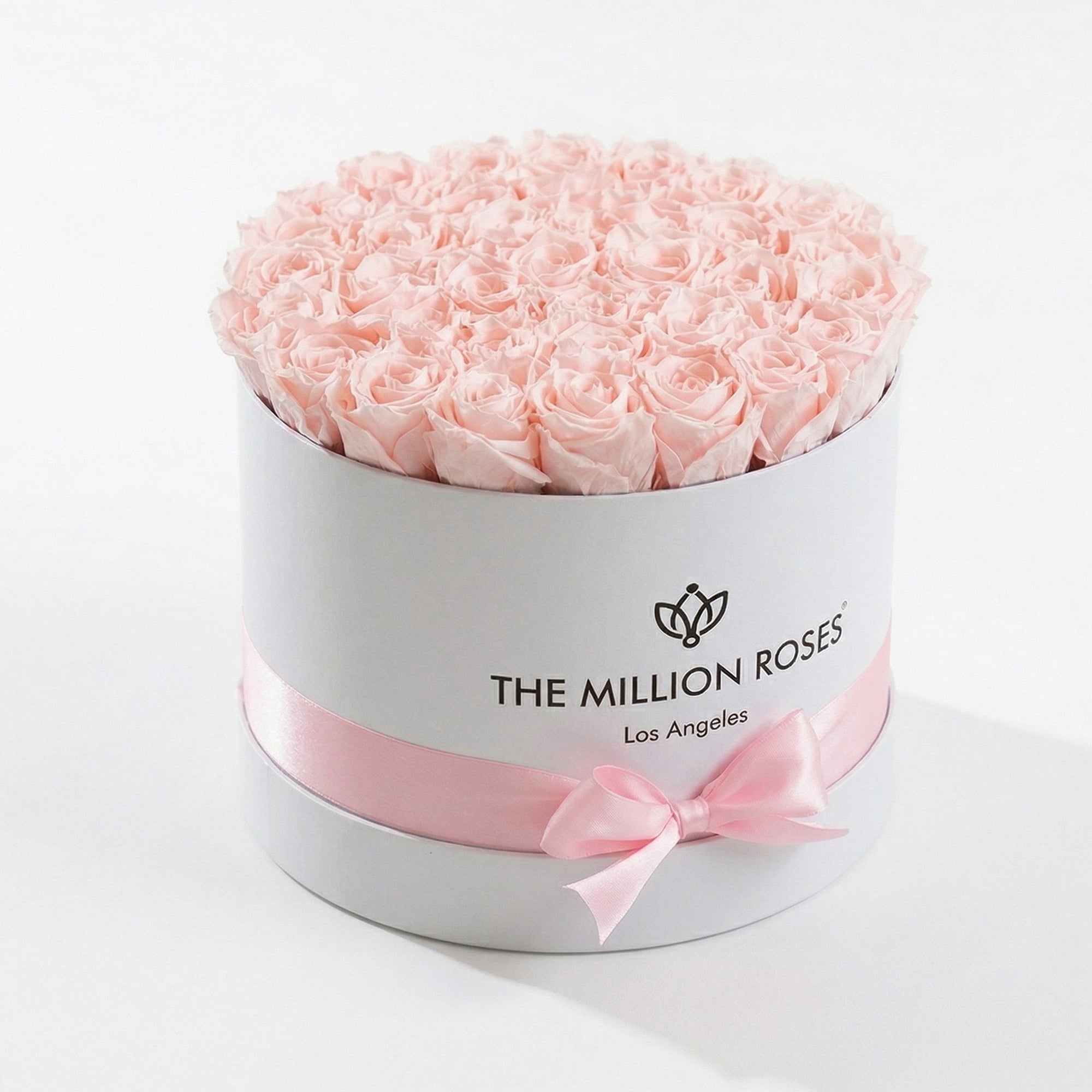 Supreme White Box containing 26-28 light pink preserved roses arranged neatly
