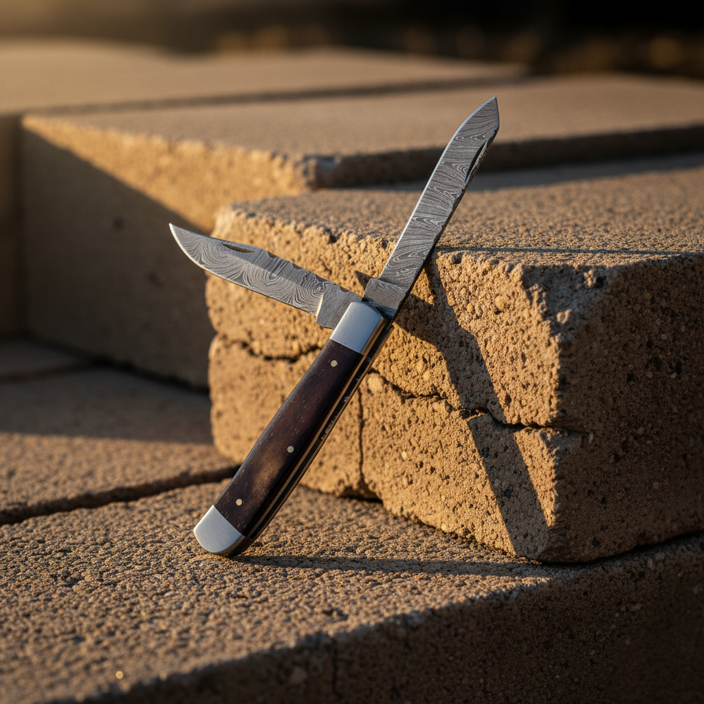 Damascus Dual-Blade Folding Knife - TF-093 showing both blades and dark wood handle with polished stainless steel bolsters