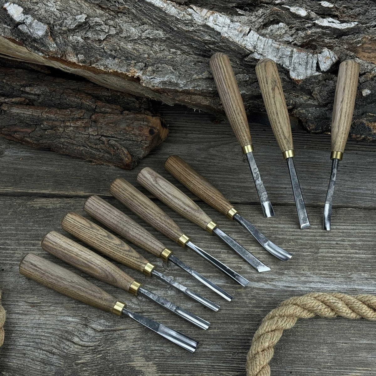 10-piece wood carving chisel and gouge set with ash wood handles and forged steel blades