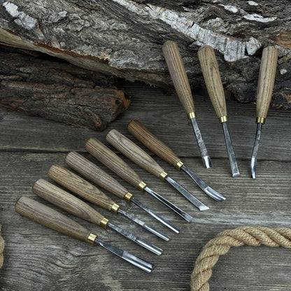 10-piece wood carving chisel and gouge set with ash wood handles and forged steel blades