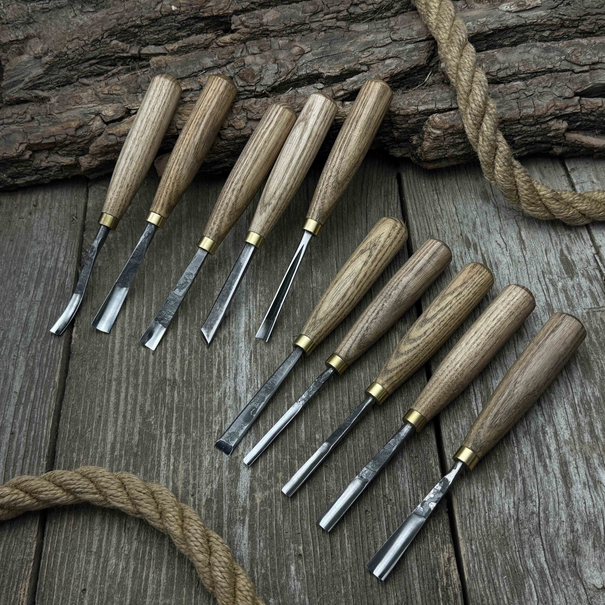 10-piece wood carving chisel and gouge set with ash wood handles and forged steel blades