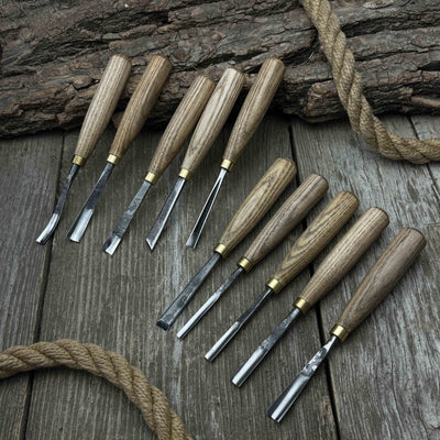 10-piece wood carving chisel and gouge set with ash wood handles and forged steel blades