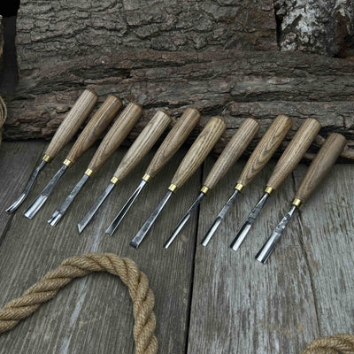 10-piece wood carving chisel and gouge set with ash wood handles and forged steel blades