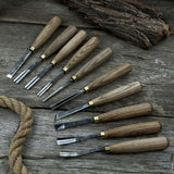 10-piece wood carving chisel and gouge set with ash wood handles and forged steel blades