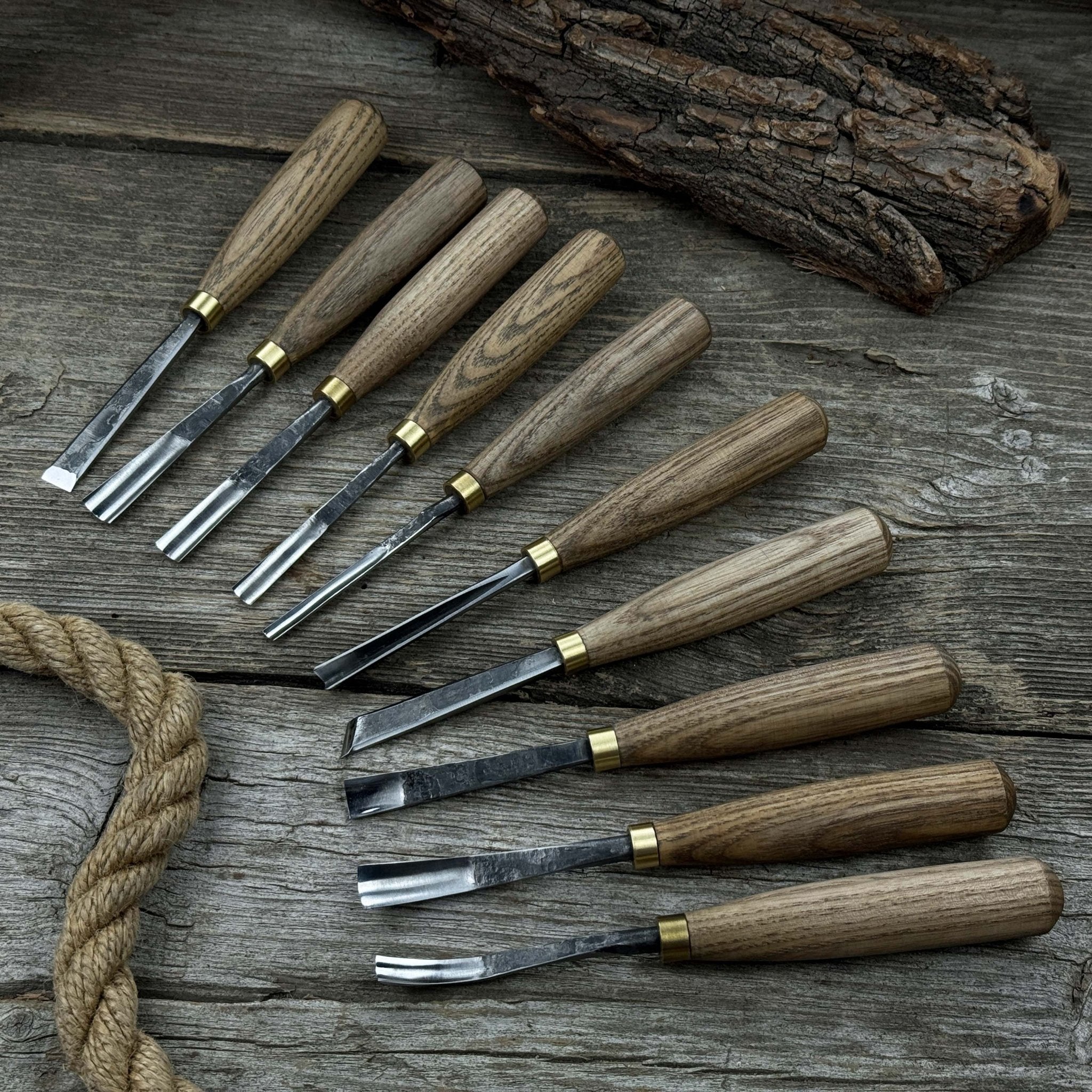 10-piece wood carving chisel and gouge set with ash wood handles and forged steel blades