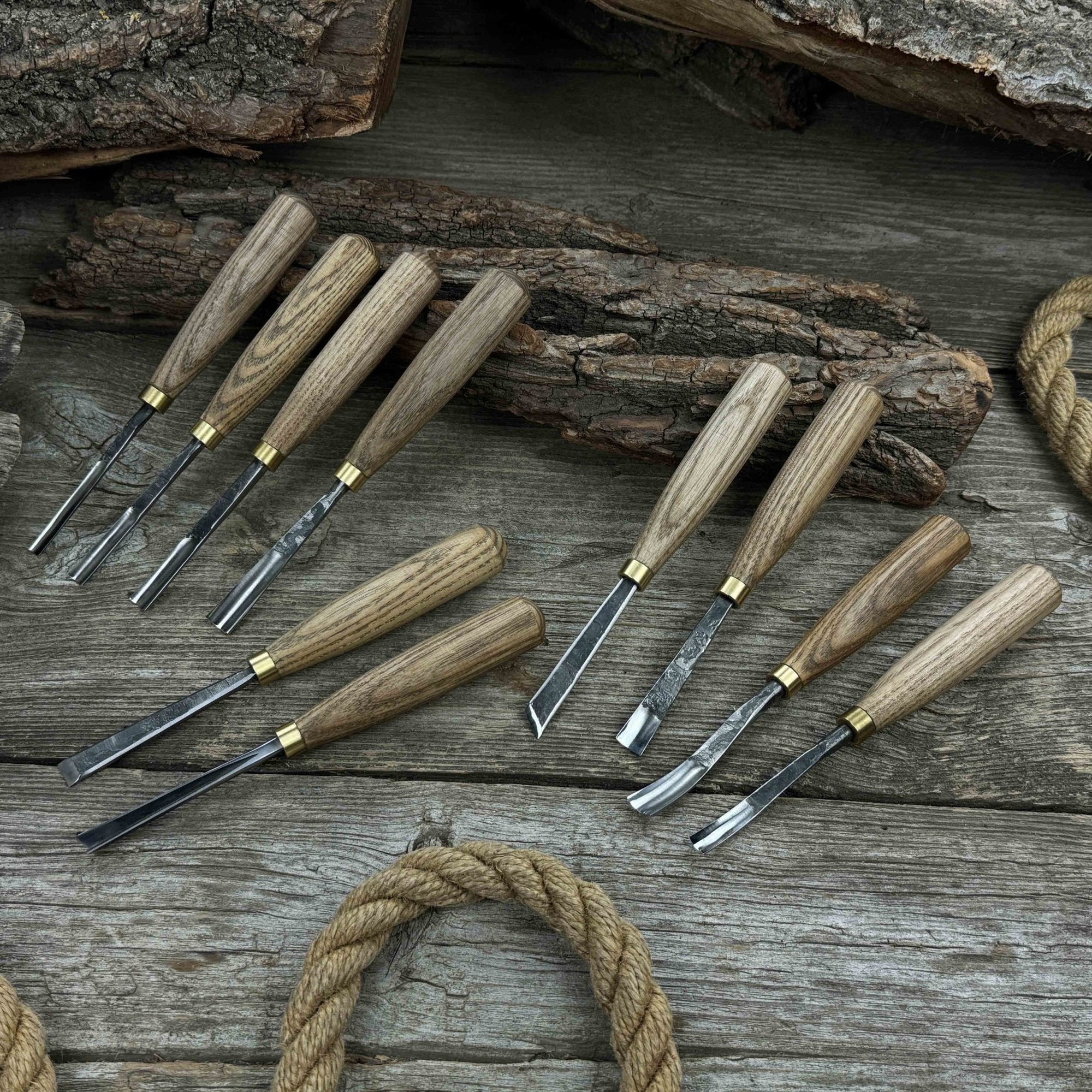 10-piece wood carving chisel and gouge set with ash wood handles and forged steel blades