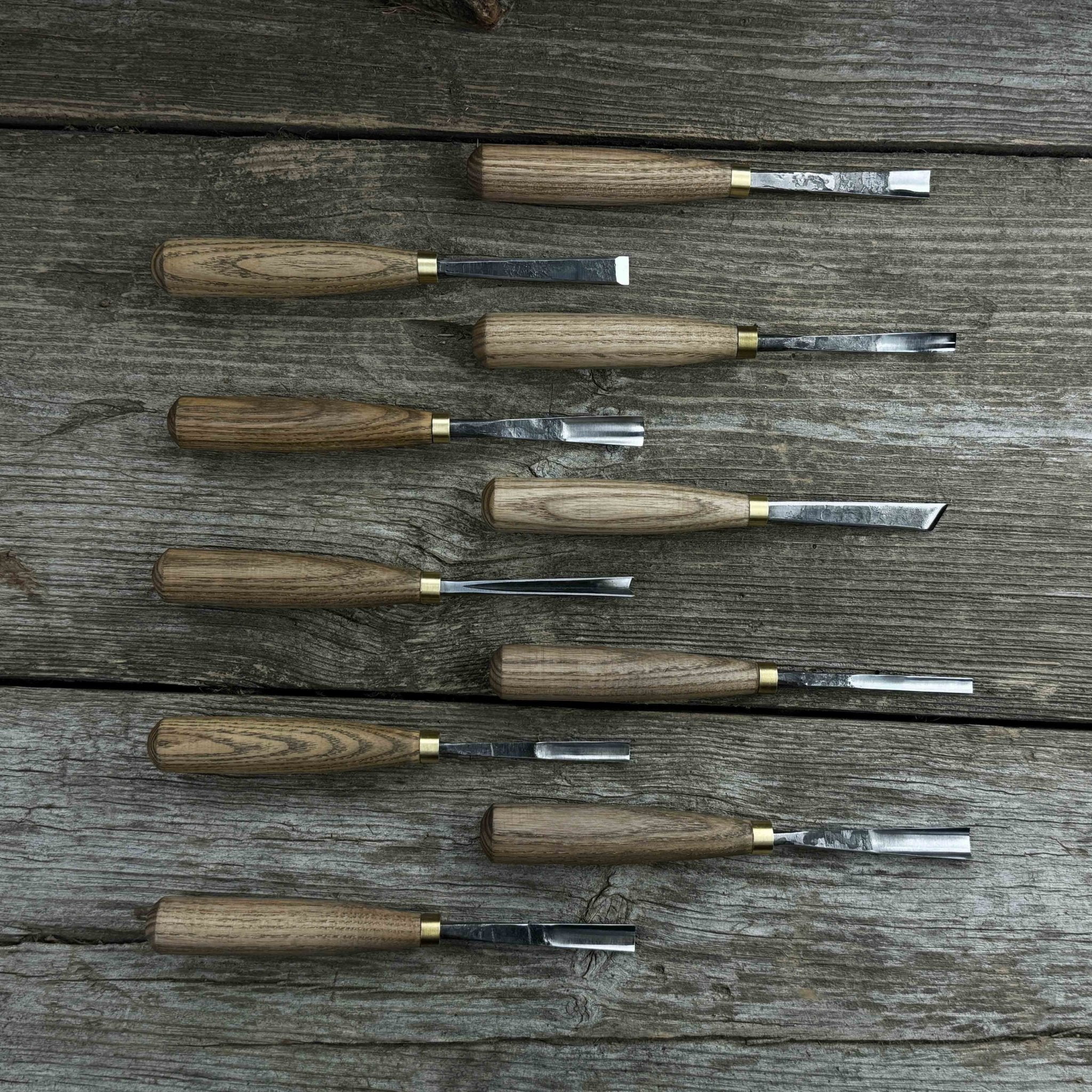 10-piece wood carving chisel and gouge set with ash wood handles and forged steel blades