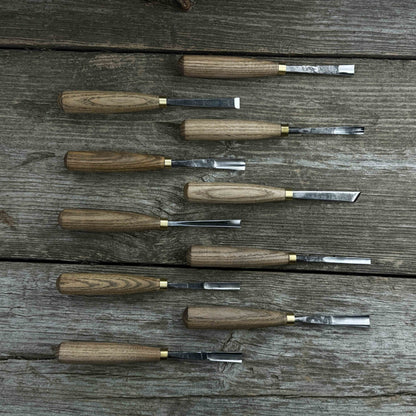 10-piece wood carving chisel and gouge set with ash wood handles and forged steel blades
