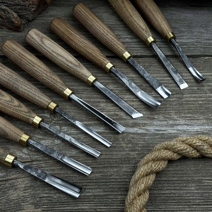 10-piece wood carving chisel and gouge set with ash wood handles and forged steel blades