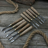 10-piece wood carving chisel and gouge set with ash wood handles and forged steel blades
