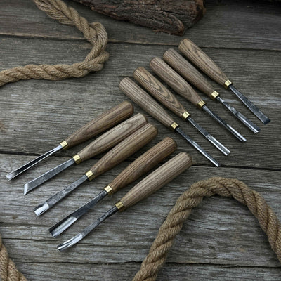 10-piece wood carving chisel and gouge set with ash wood handles and forged steel blades