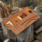 Handmade 10 Pocket Leather Chisel Roll by Sharky Forged Steel Tools showing rugged Crazy Horse leather with tools inside