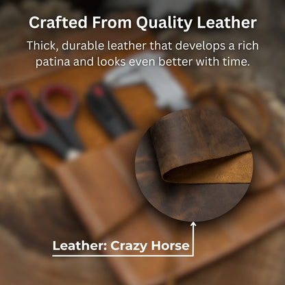 Handmade 10 Pocket Leather Chisel Roll by Sharky Forged Steel Tools showing rugged Crazy Horse leather with tools inside