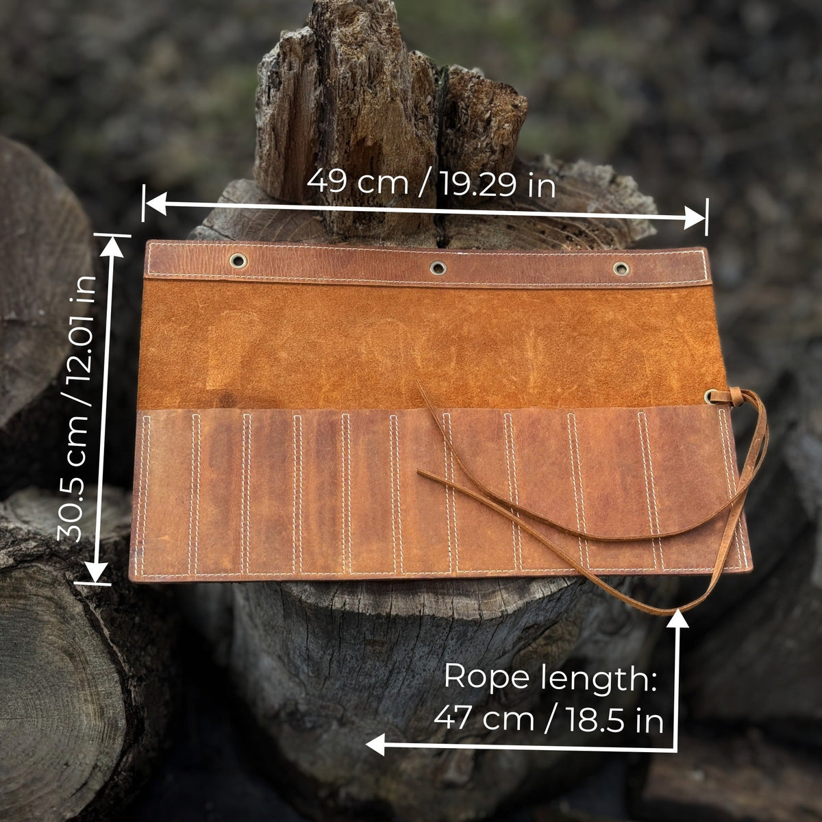 Handmade 10 Pocket Leather Chisel Roll by Sharky Forged Steel Tools showing rugged Crazy Horse leather with tools inside