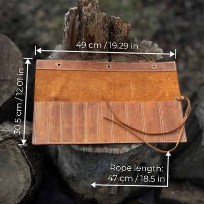 Handmade 10 Pocket Leather Chisel Roll by Sharky Forged Steel Tools showing rugged Crazy Horse leather with tools inside