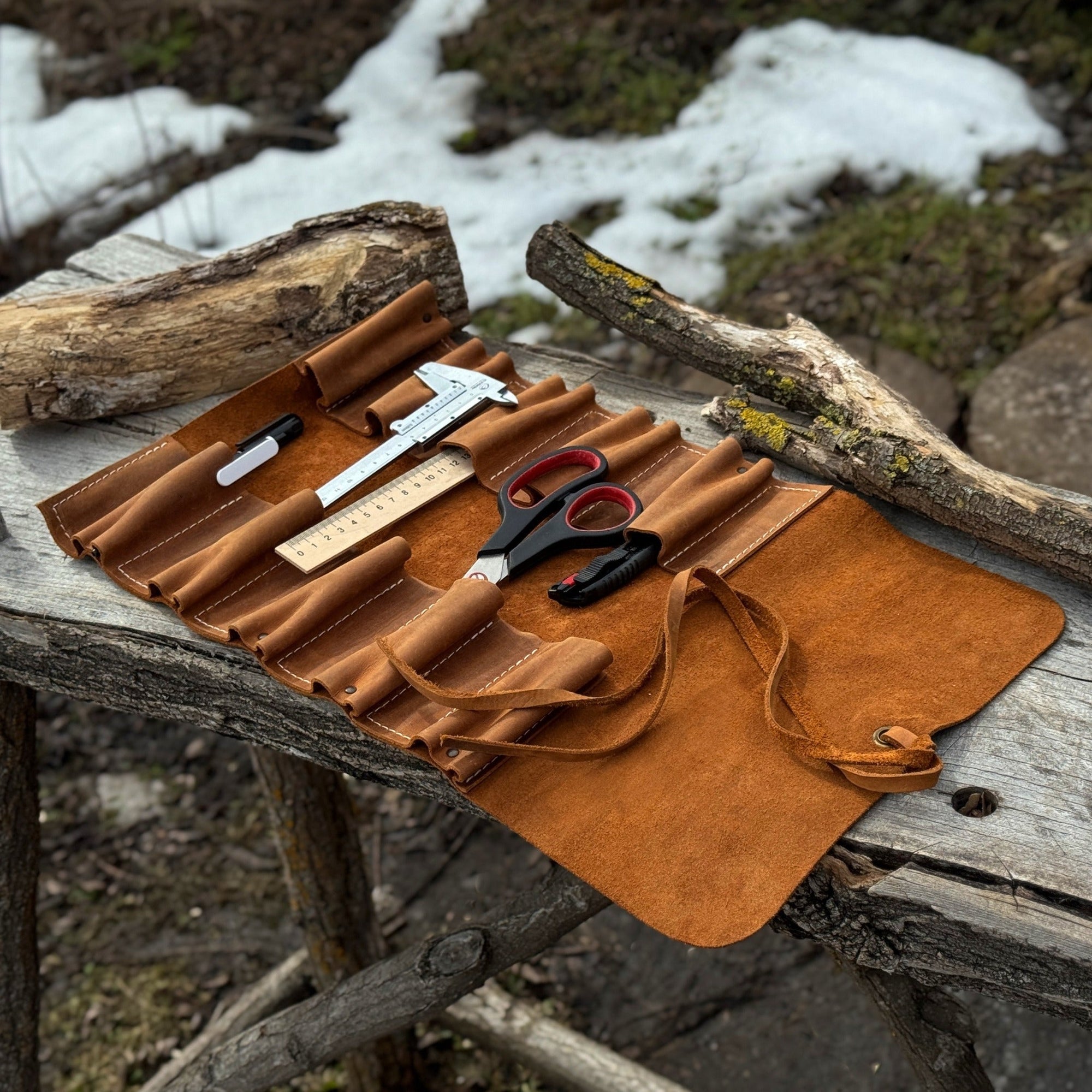 Handmade 10 Pocket Leather Tool Roll made from Crazy Horse leather by Sharky Forged Steel Tools
