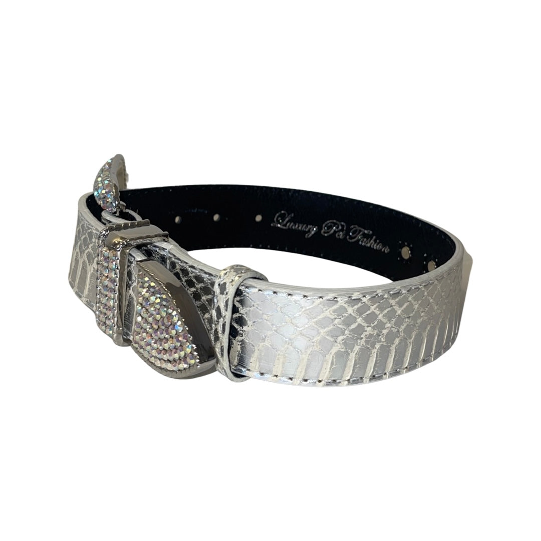 Silver snake-patterned collar with encrusted Swarovski crystal buckle and sleek black inner lining, shown in a close-up side view.