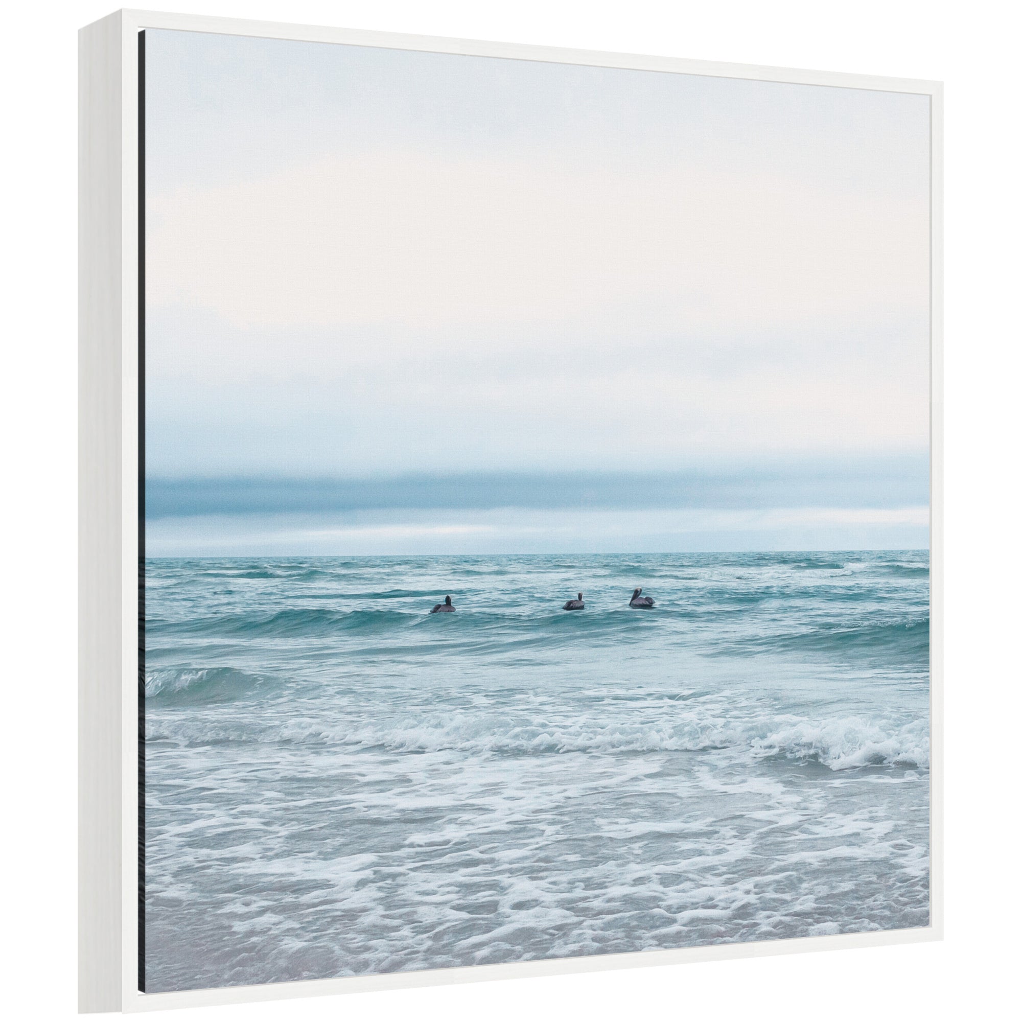 Framed canvas art titled Sylvie Ocean Swim 1 Square by Stephanie Klatt showing a coastal beach scene with gentle waves.