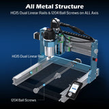 Compact all-metal desktop CNC router with dual linear rails, ball screws on all axes, and a touchscreen control panel on the base's front right corner.