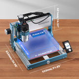 Genmitsu 3030-PROVer Ultra desktop CNC router on a wood surface with labeled cutting dimensions in millimeters and inches and a connected handheld controller.