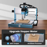 Compact Genmitsu 3030-PROVer CNC router in blue and silver metal, engraving detailed floral patterns on a wooden plaque with digital control panel on side.