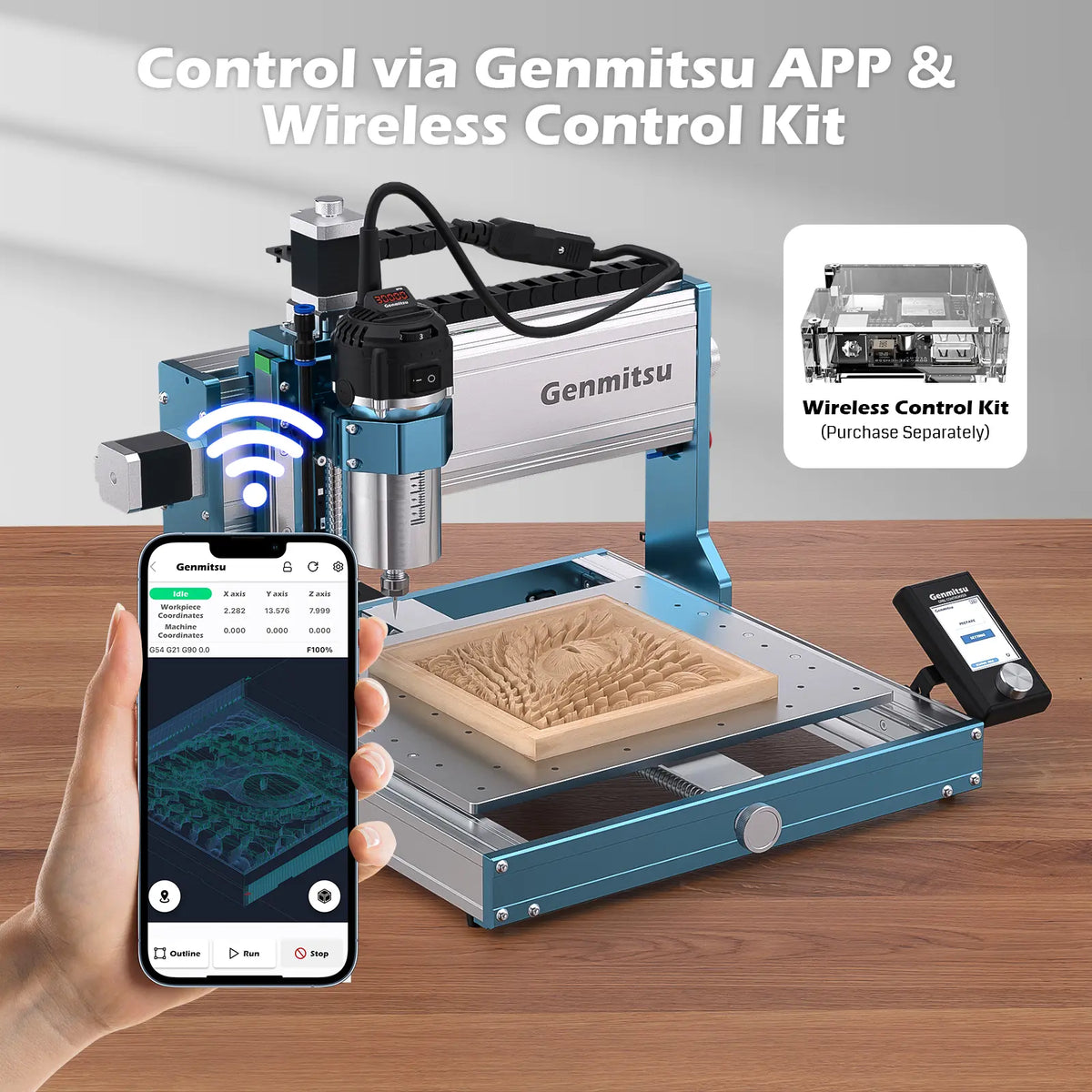 Genmitsu 3030-PROVer CNC router with blue aluminum frame carving a wooden relief, smartphone displaying control app interface and wireless control kit shown in inset.